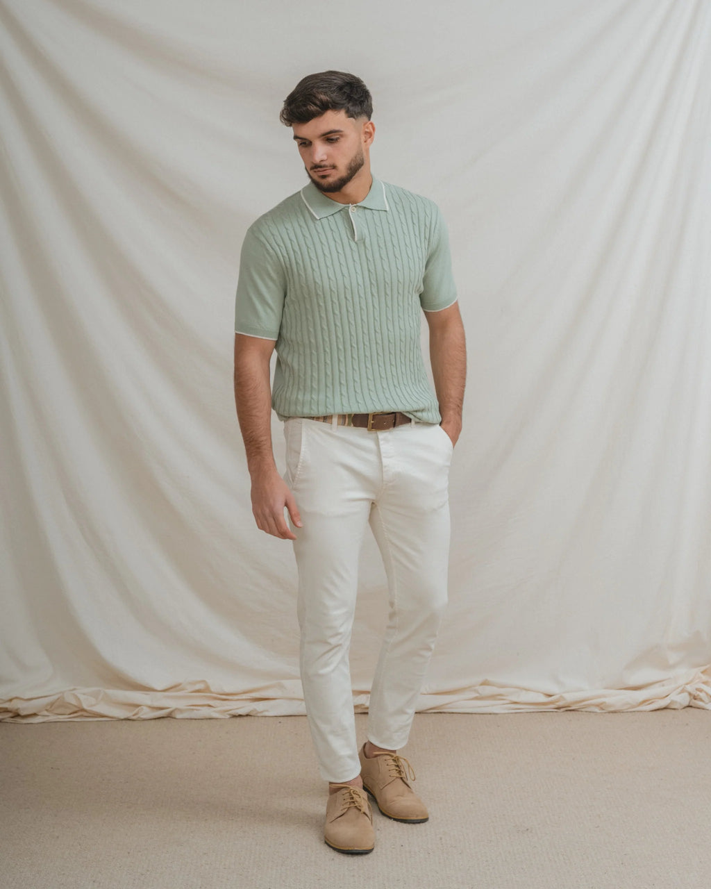 Polo em Malha Tricotada Verde Água