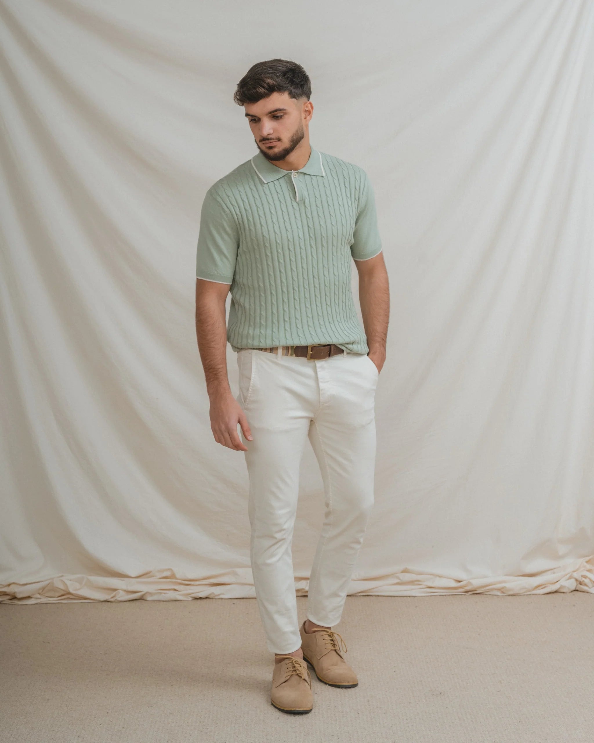 Polo em Malha Tricotada Verde Água