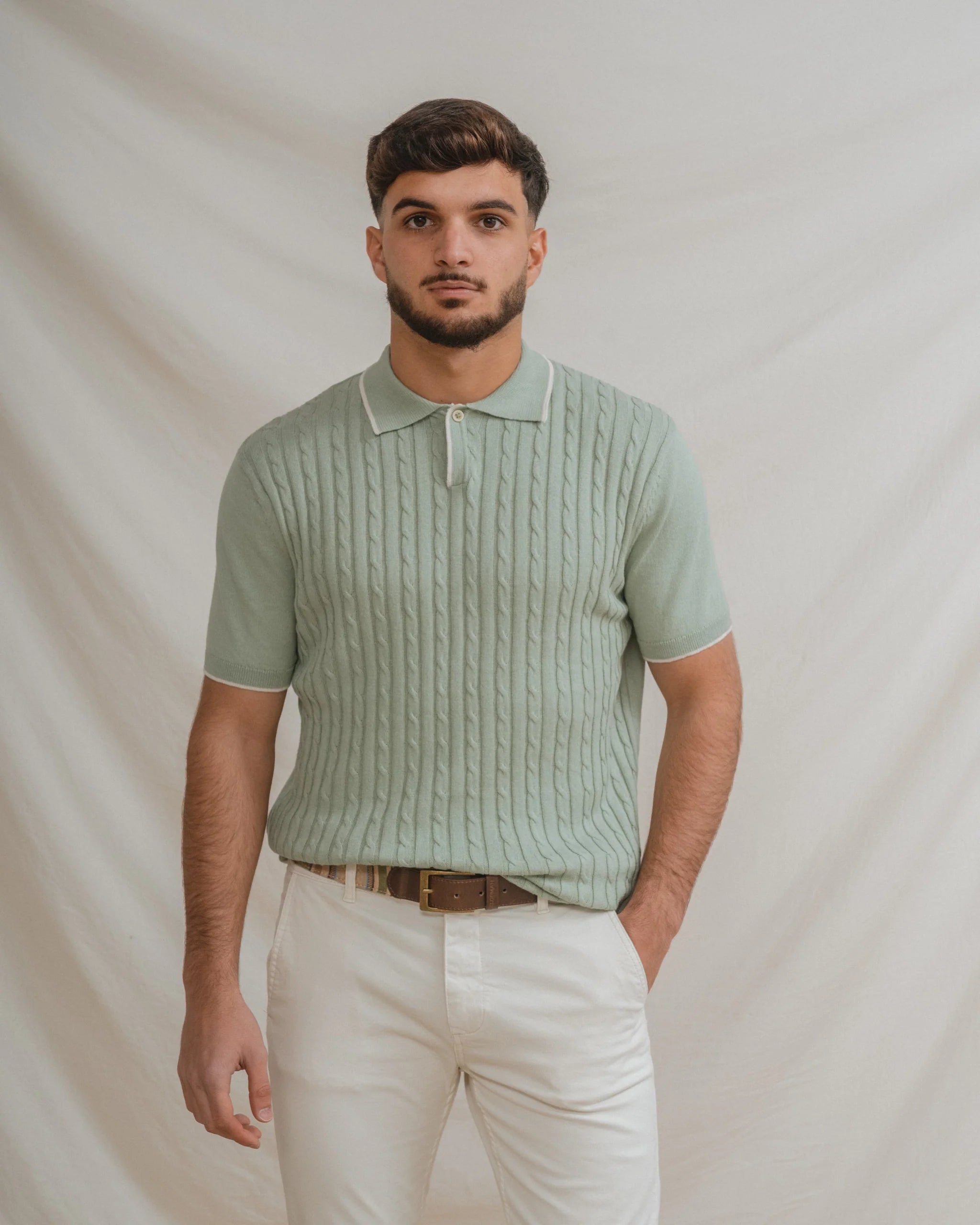 Polo em Malha Tricotada Verde Água