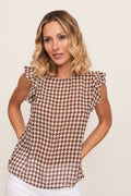 Blusa Xadrez Branca e Castanha com Folhos
