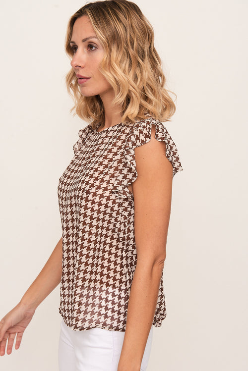 Blusa Xadrez Branca e Castanha com Folhos