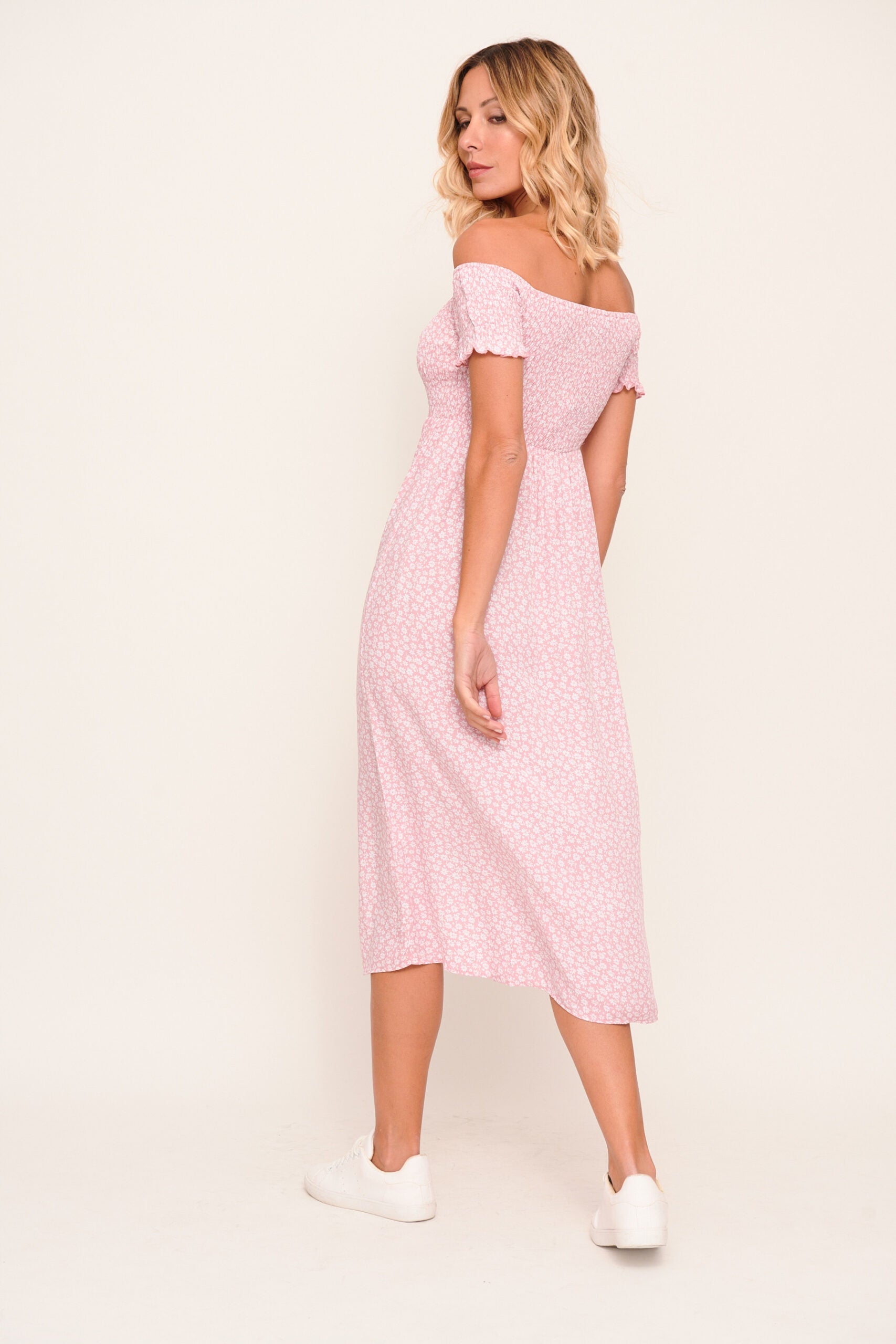 Vestido azul/rosa com fenda e estampagem floral