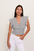 Blusa Branca com Flores Pretas e Folhos
